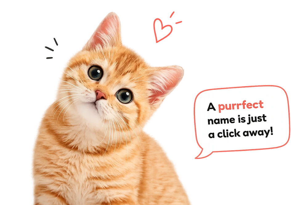 A cute orange cat looking for the perfect name, a purrfect name is just a click away!